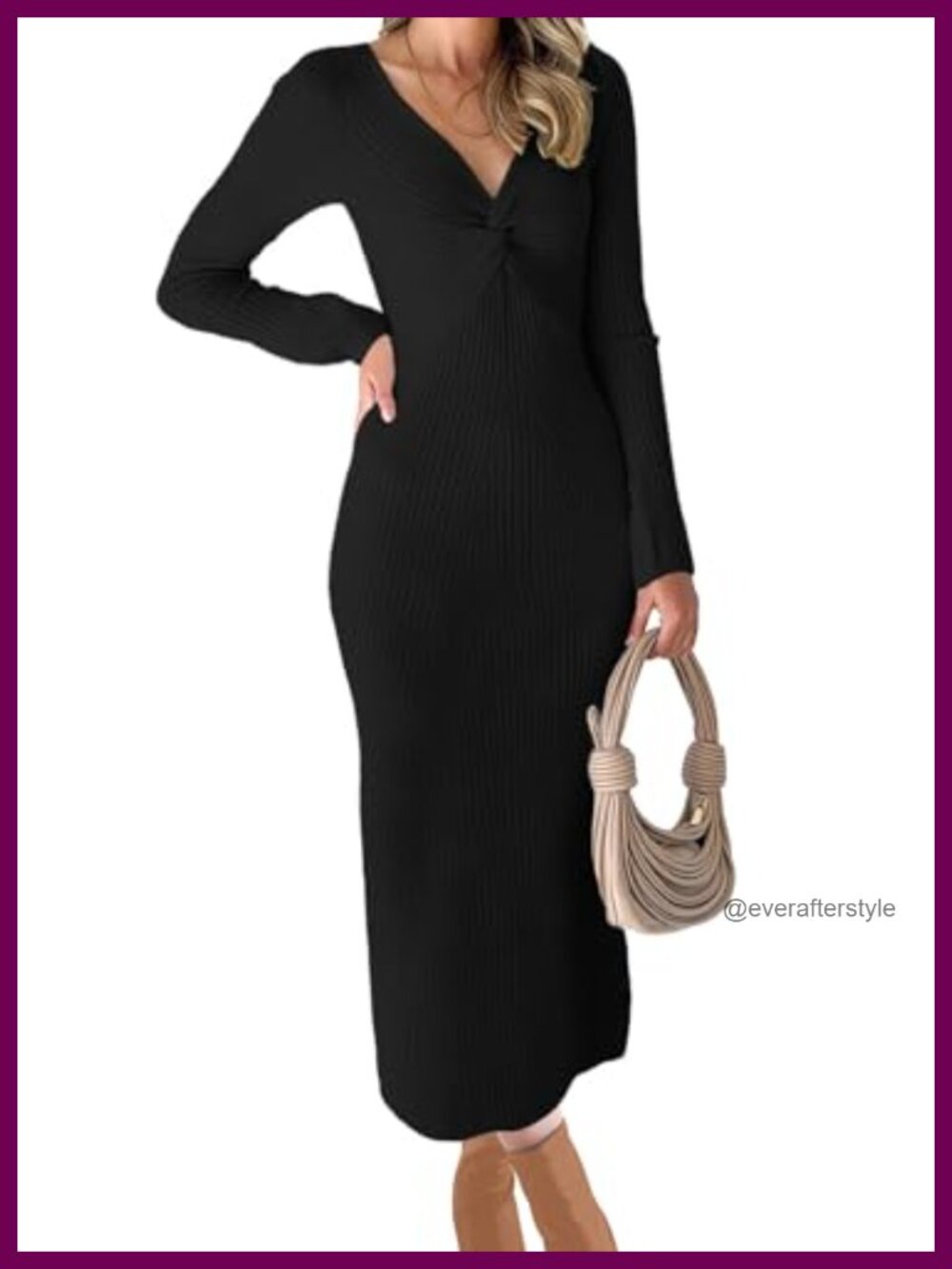 Women's Long Sleeve V Neck Ribbed Knit Bodycon Midi Sweater Dress